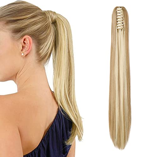 Coleta Postiza con Pinza Extensiones de Clip de Pelo Natural Extensiones de Cabello liso Sintético lacio Ponytail Largo Cola Claw 22" (Rubio arenoso&Blanqueador rubia)