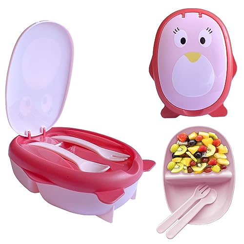 Fiambrera para Niños, Tupper para el Almuerzo Infantil, caja con dos compartimentos Y Juego de Cubiertos Apto para Microondas. Fiambrera Infantil libre de BPA (ROSA)