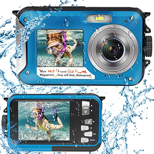 iSunFun Camara Acuatica Camara Sumergibles 48MP 2.7K Camara de Fotos Acuatica con Pantalla Dual, Zoom Digital 16X