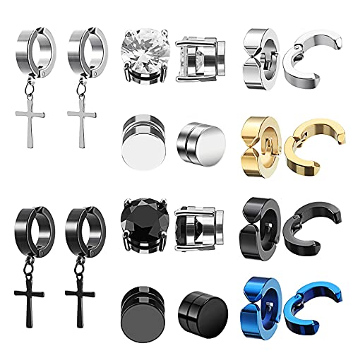 Pendientes sin Agujero, Weinsamkeit 10 Pares de Aretes Magnéticos Unisex con CZ, Aro Cruzado sin Perforar, Aretes Pequeños Redondos Estilo Hip-hop (8 mm)