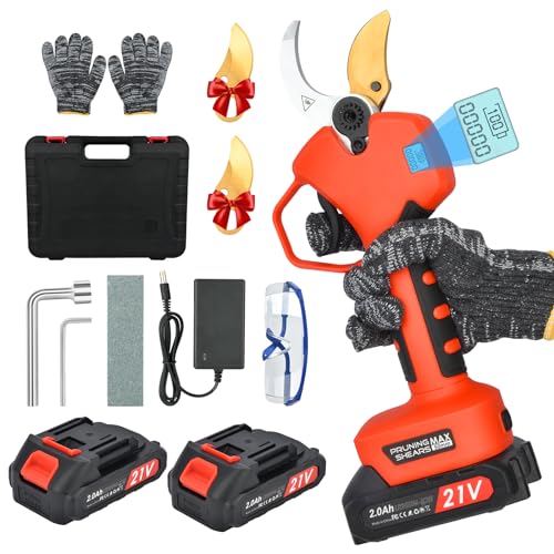 Tijeras de Podar Eléctricas, 50mm Tijeras De Podar Bateria con Display, Baterías 2x2000mAh, Tijera Podar Profesionales 800W con Motor Brushless para Jardinería, Árboles Frutales, Viñedos